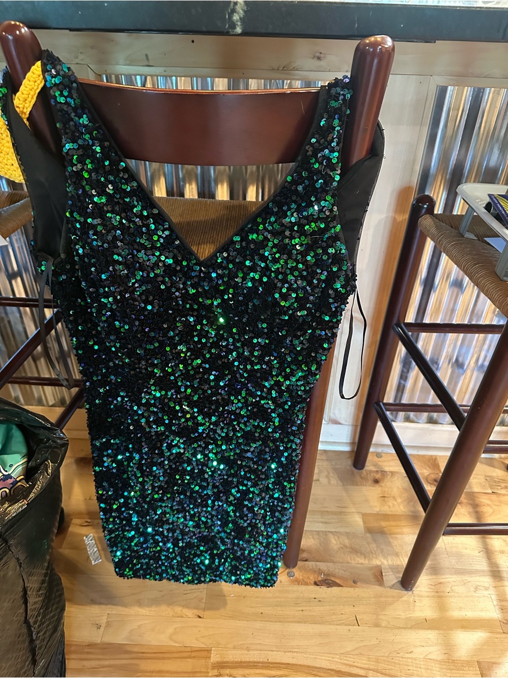 Black Sequin Mini Dress with Green Iridescent Accents
